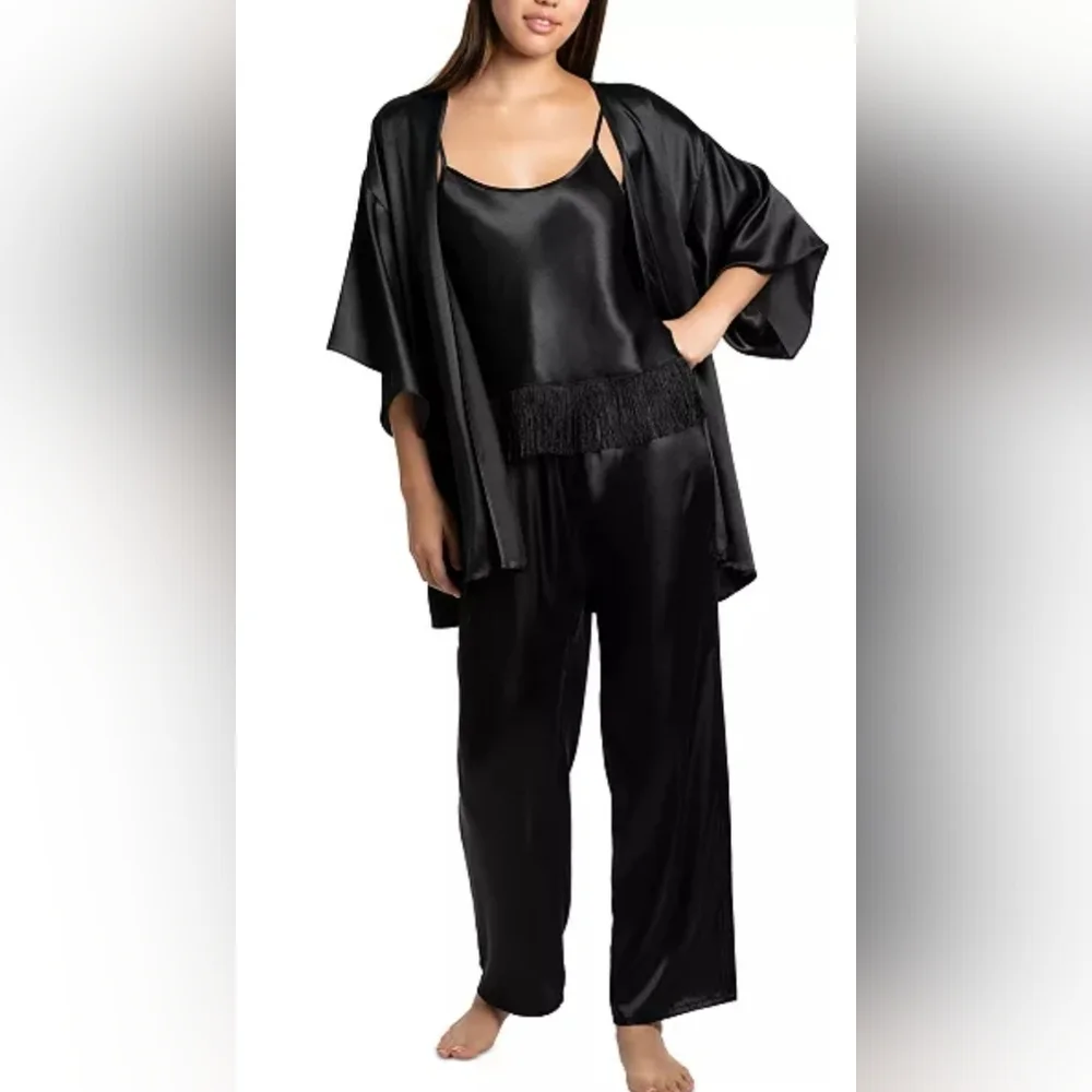 Nwt Linea Donatella 3pc  Black Satin Fringe Sleep PJ Set